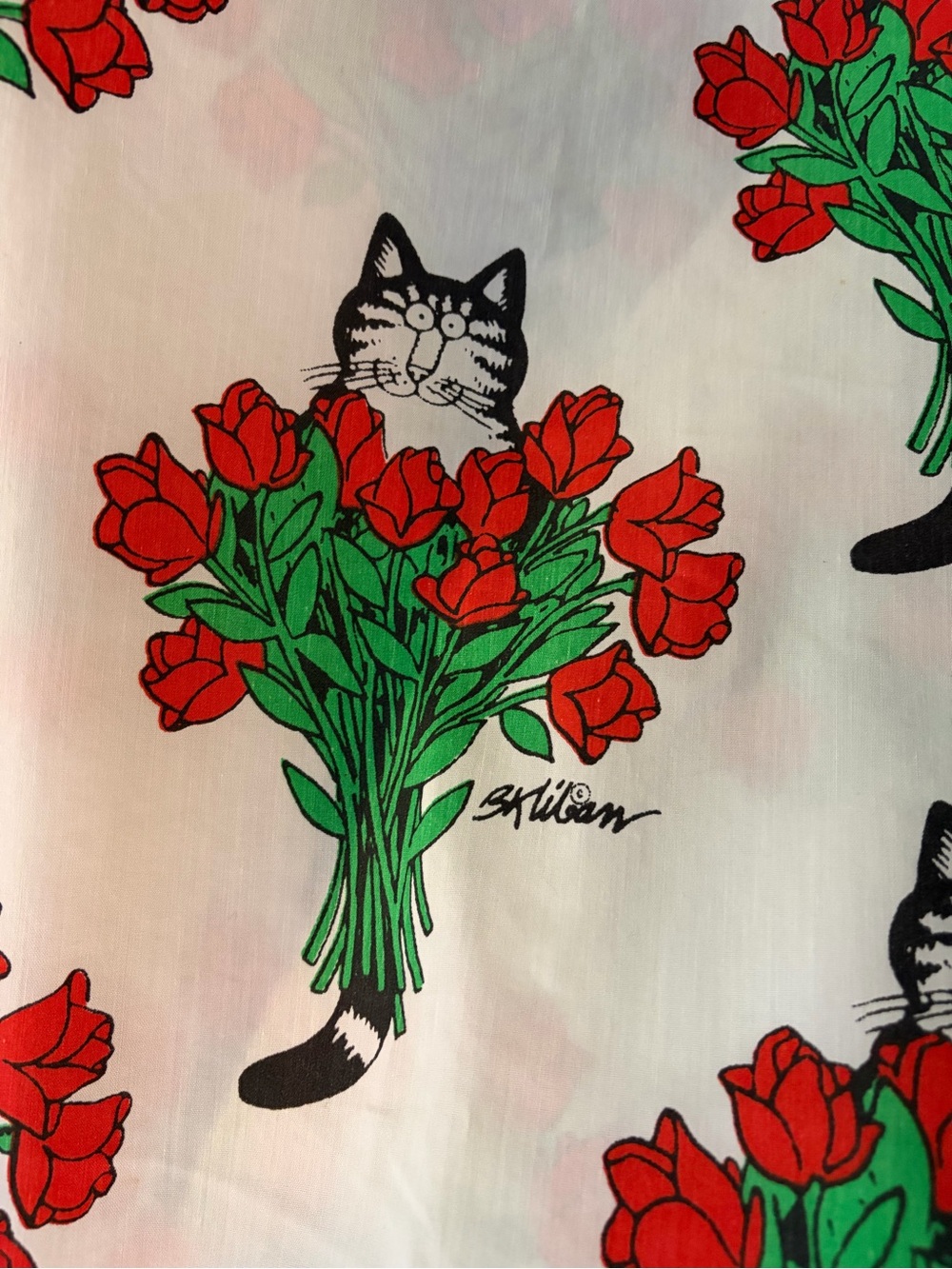 B Kliban Cat With Roses Vintage Full Size Flat Sheet Burlington